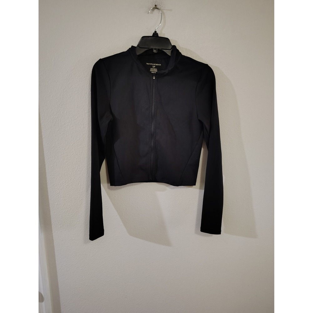 Harmony & Balance Womens Black Full Zip Cropped Active Jacket Mock Neck Small